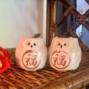 2 Owl Shaped & Painted Ceramic Green Tea Cups